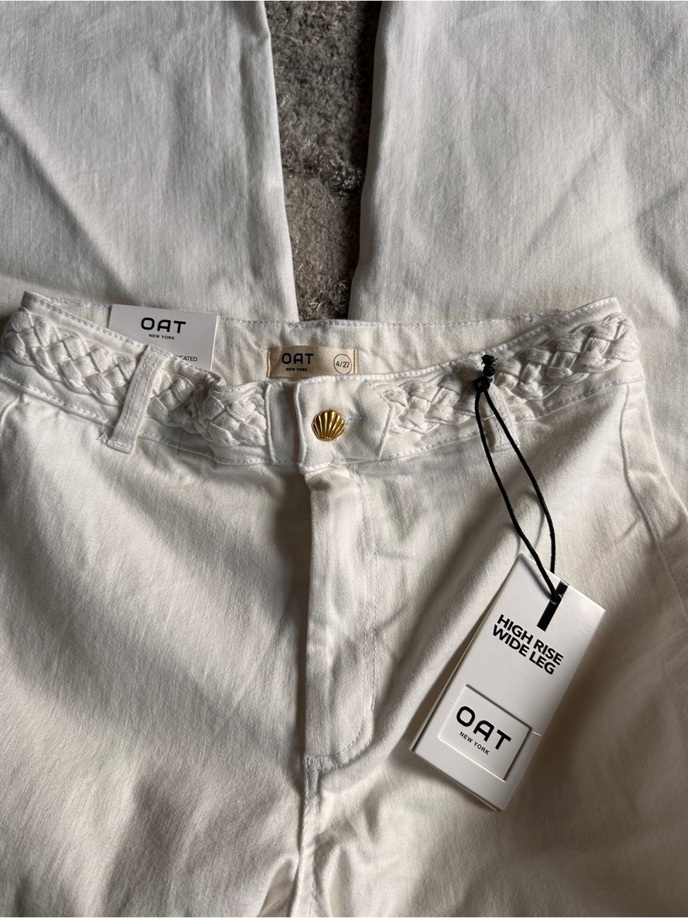 Oat New York High Rise Wide Leg Jeans in White with Shell Button